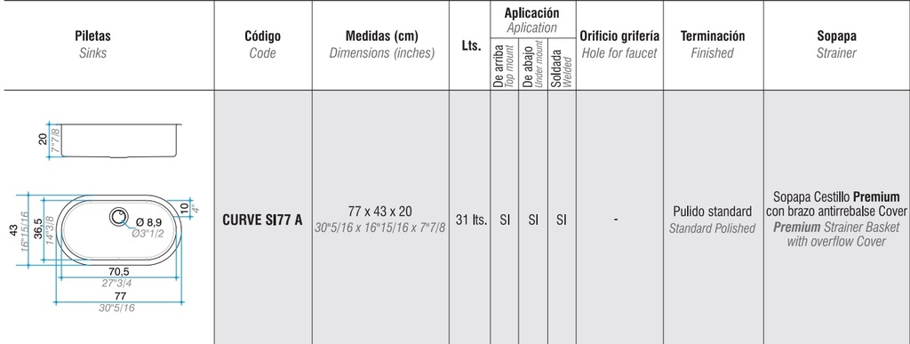 PILETA SIMPLE  CURVE SI77 - ACERO 304 - JOHNSON [CURVESI77A]