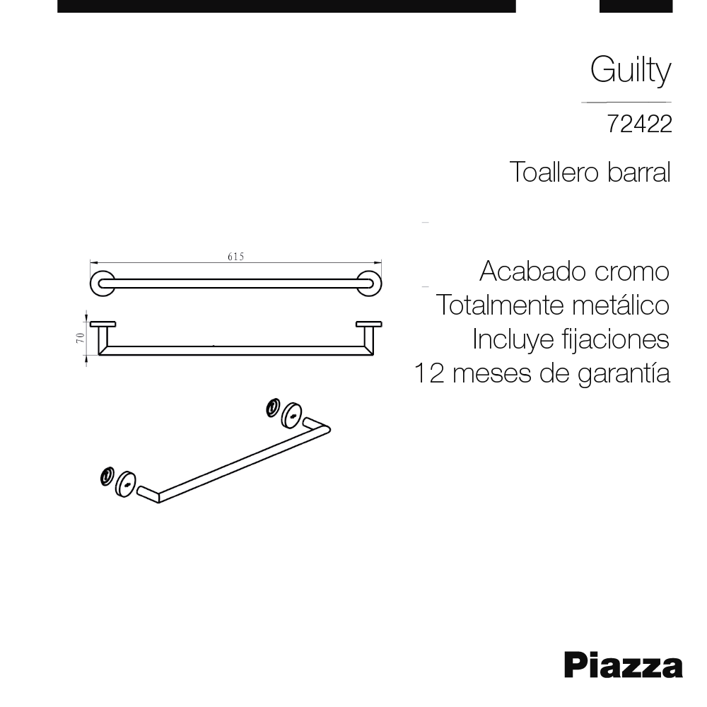 TOALLERO BARRAL BAÑO PIAZZA GUILTY - CROMADO - 1 AÑO DE GARANTIA