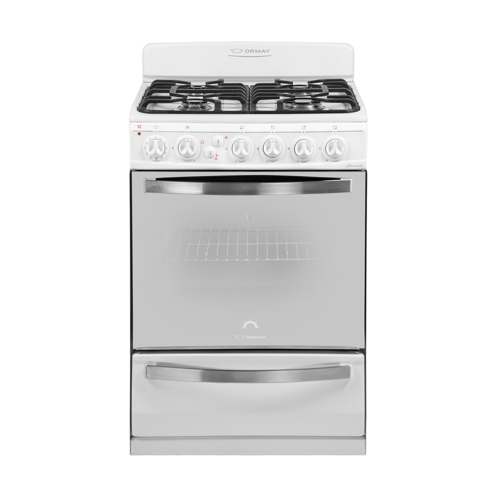 COCINA MULTIGAS 4 HORNALLAS CON REJILLAS DIVIDIDAS  - EFICIENCIA ENERGÉNITCA A+ - CRISTAL ESPEJADO - TIMER - LUZ - GRILL Y SPIEDO - BLANCO - ORMAY [GOURMET PRO BL]