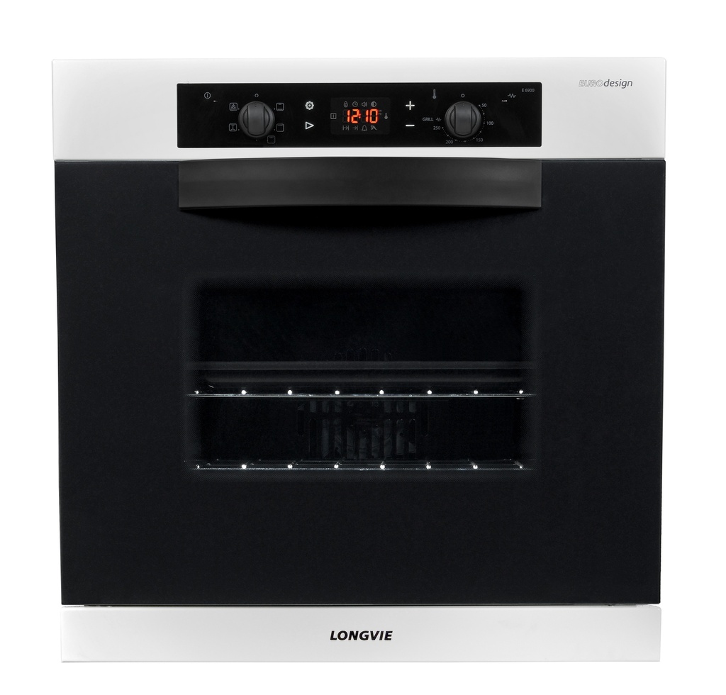 HORNO ELÉCTRICO 56LTS - EFICIENCIA ENERGÉTICA: D - CON LUZ, TIMER, TERMOSTATO, 5 FUNCIONES Y DOBLE VIDRIO TEMPLADO - 60X60CM - BLANCO - LONGVIE [HE6900B]