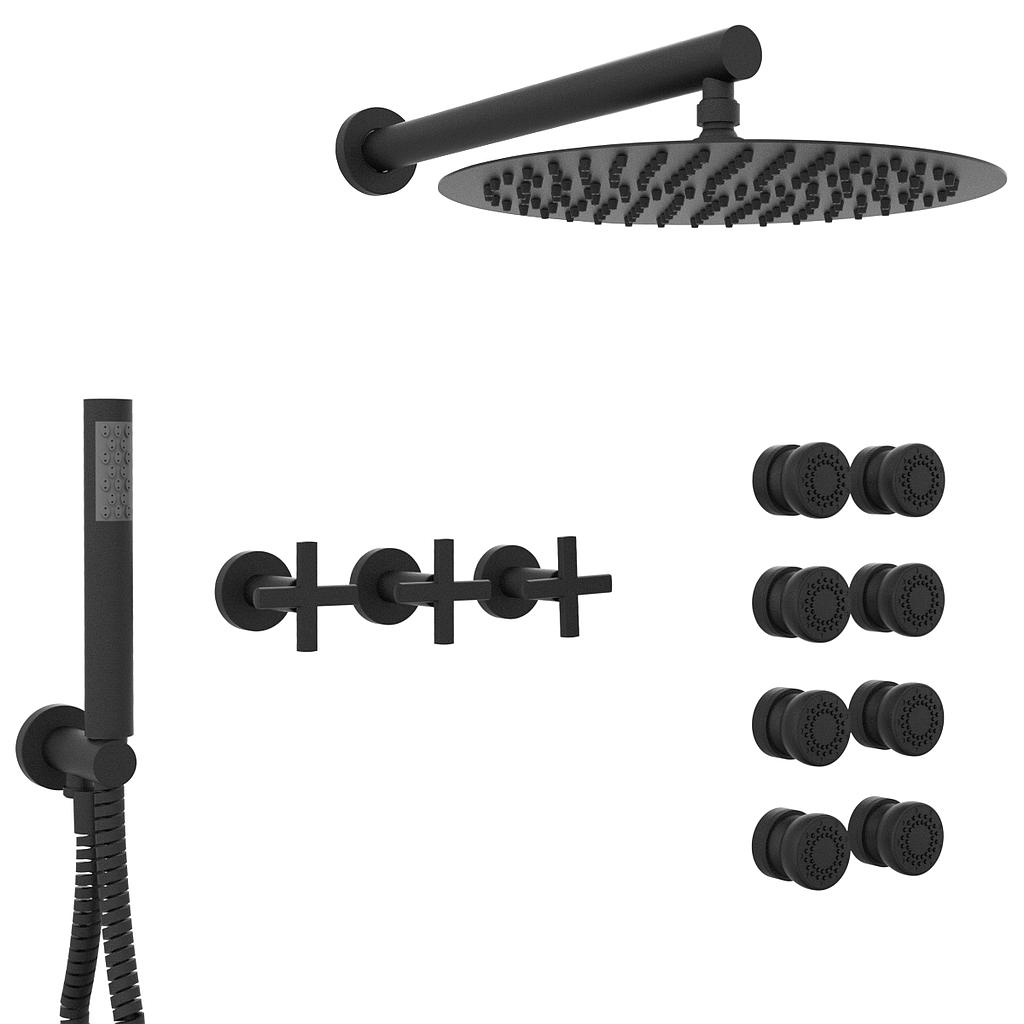 GRIFERIA BICOMANDO DUCHA CON TRANSFERENCIA 3 VIAS CON DUCHADOR CON ESCOCESA FLAT CRUZ BLACK HIDROMET – 10 AÑOS DE GARANTÍA [84146NEGR]