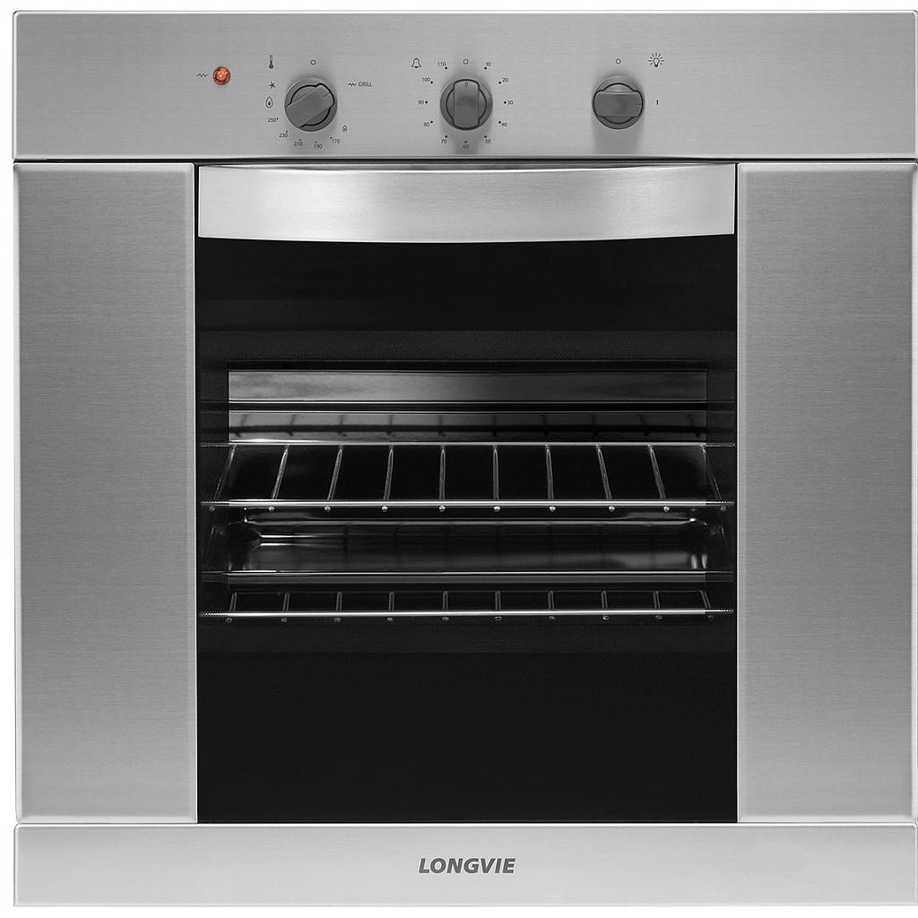 HORNO A GAS 68,5LTS - EFICIENCIA ENERGÉTICA A++ - CON GRILL, TIMER, TERMOSTATO Y ENCENDIDO ELÉCTRICO - 60X60CM - ACERO INOXIDABLE - LONGVIE [H1900XF]